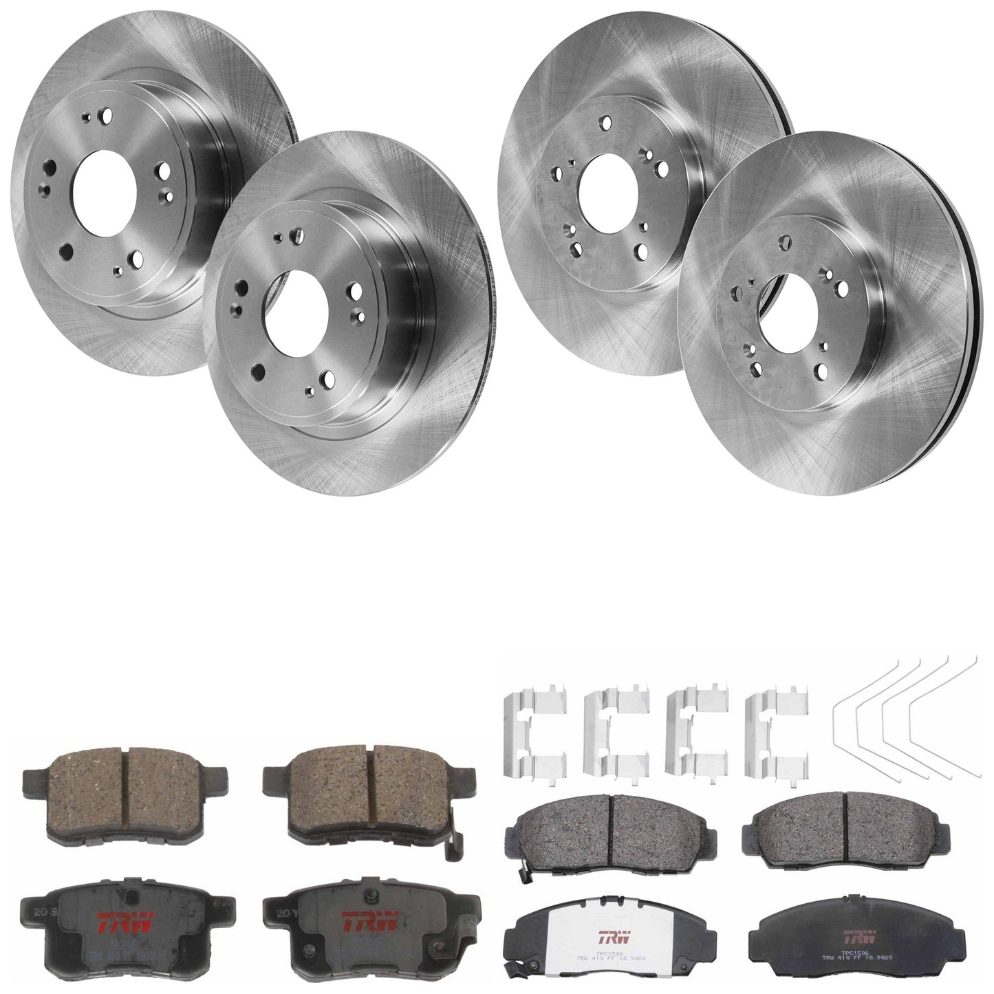 KIT-TRW101921-473 4-Wheel Set Front and Rear Brake Disc and Pad Kit, Plain Surface 5 Lugs - Front; 5 Lugs - Rear Front-299.97 mm/Rear-281.69 mm Ceramic Premium Friction Series, Includes (4) Disc and (2) Pad Set
