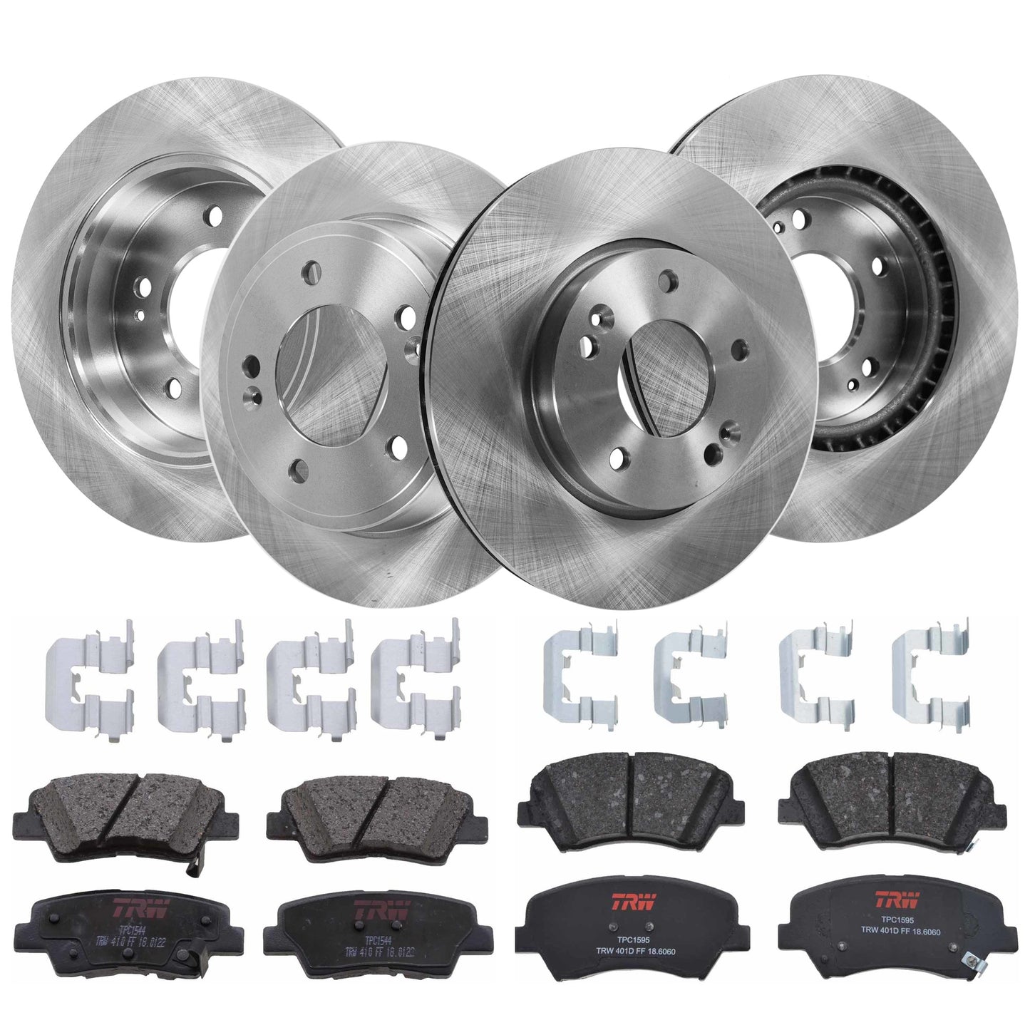 KIT-TRW101921-563 4-Wheel Set Front and Rear Brake Disc and Pad Kit, Plain Surface 5 Lugs - Front; 5 Lugs - Rear Front-279.91 mm/Rear-261.87 mm Ceramic Premium Friction Series, Includes (2) Pad Set and (4) Disc