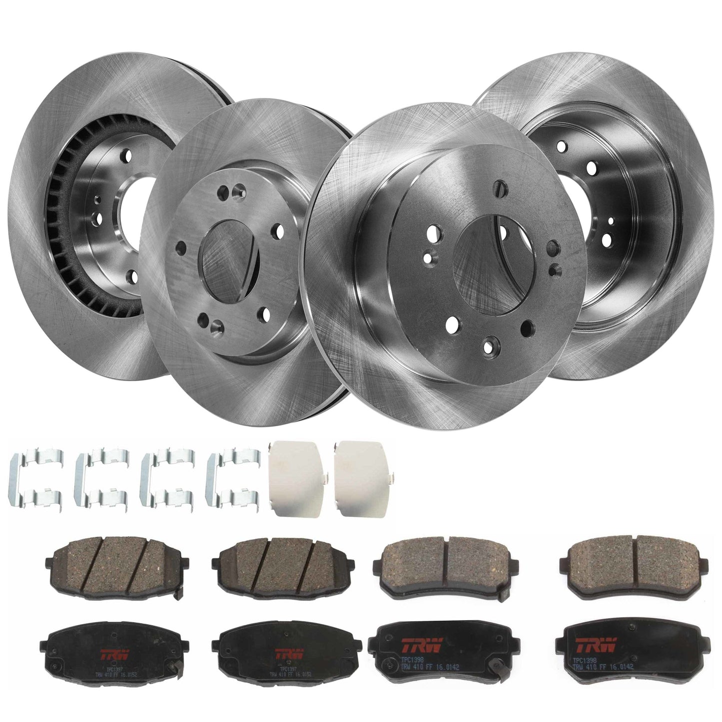 KIT-TRW101921-572 4-Wheel Set Brake Disc and Pad Kit, Plain Surface 5 Lugs - Front; 5 Lugs - Rear Front-275.08 mm/Rear-261.87 mm Ceramic Premium Friction Series, Includes (4) Brake Disc and (2) Brake Pad Set