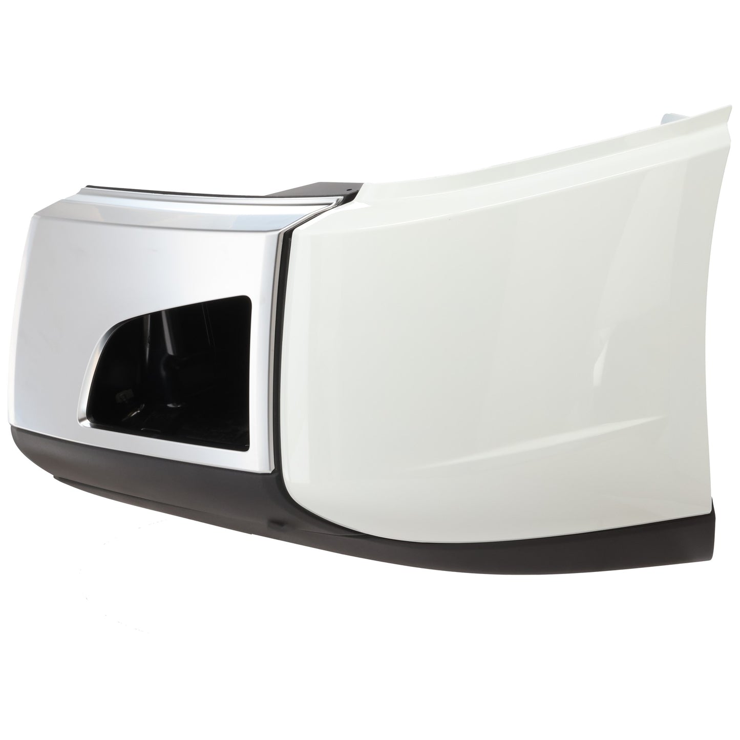 Front, Driver Side Bumper End, Chrome (Front), White (Side), Black (Bottom) Plastic
