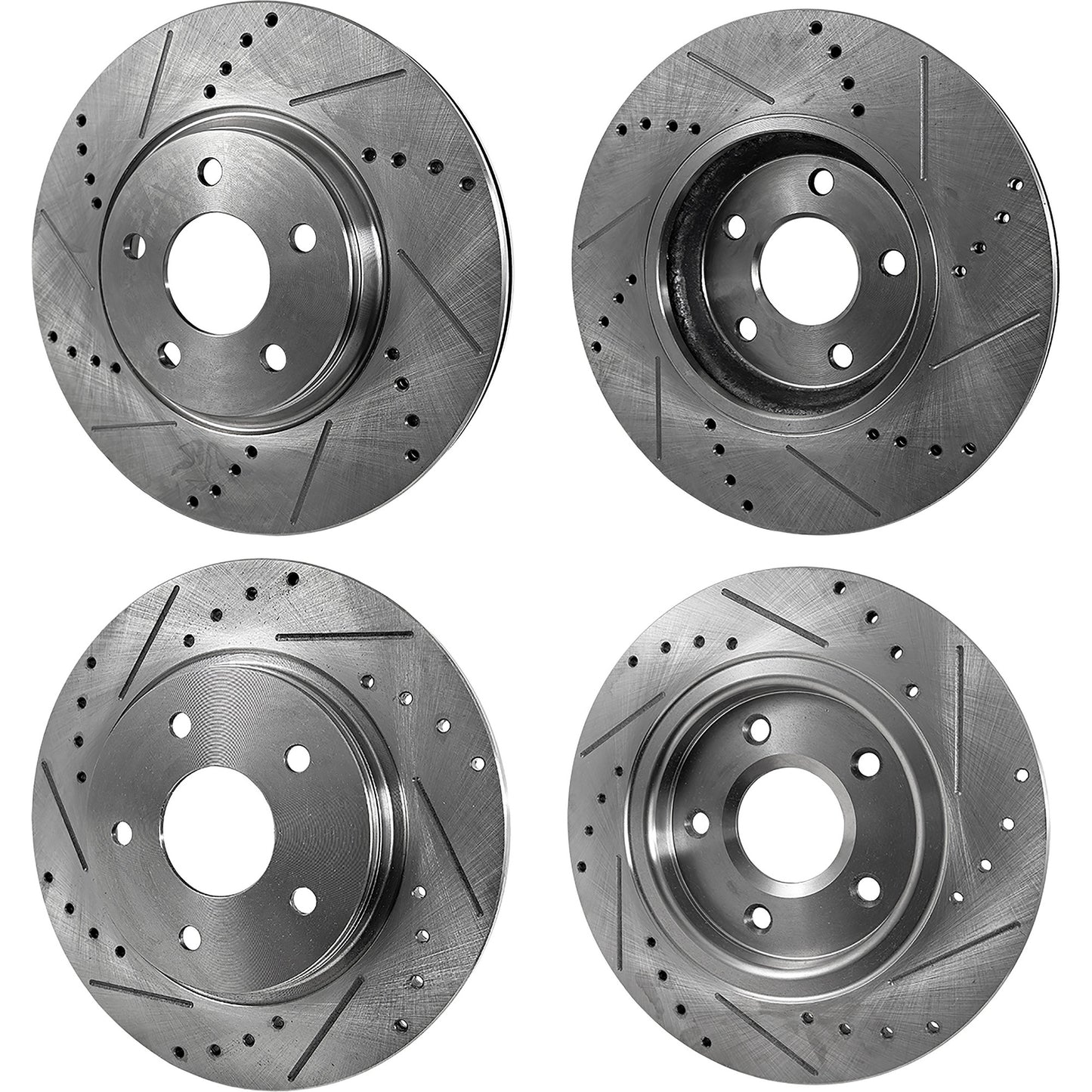Front and Rear Brake Disc, 4-Wheel Set, Cross-drilled and Slotted, Vented - Front, Solid - Rear, 5 Lugs