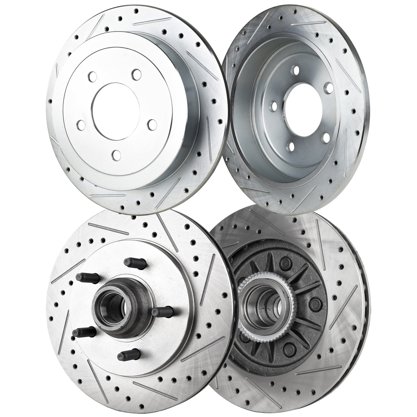 Front and Rear Brake Disc, 4-Wheel Set, Cross-drilled and Slotted, Vented - Front; Solid - Rear, 5 Lugs, Pro-Line Series