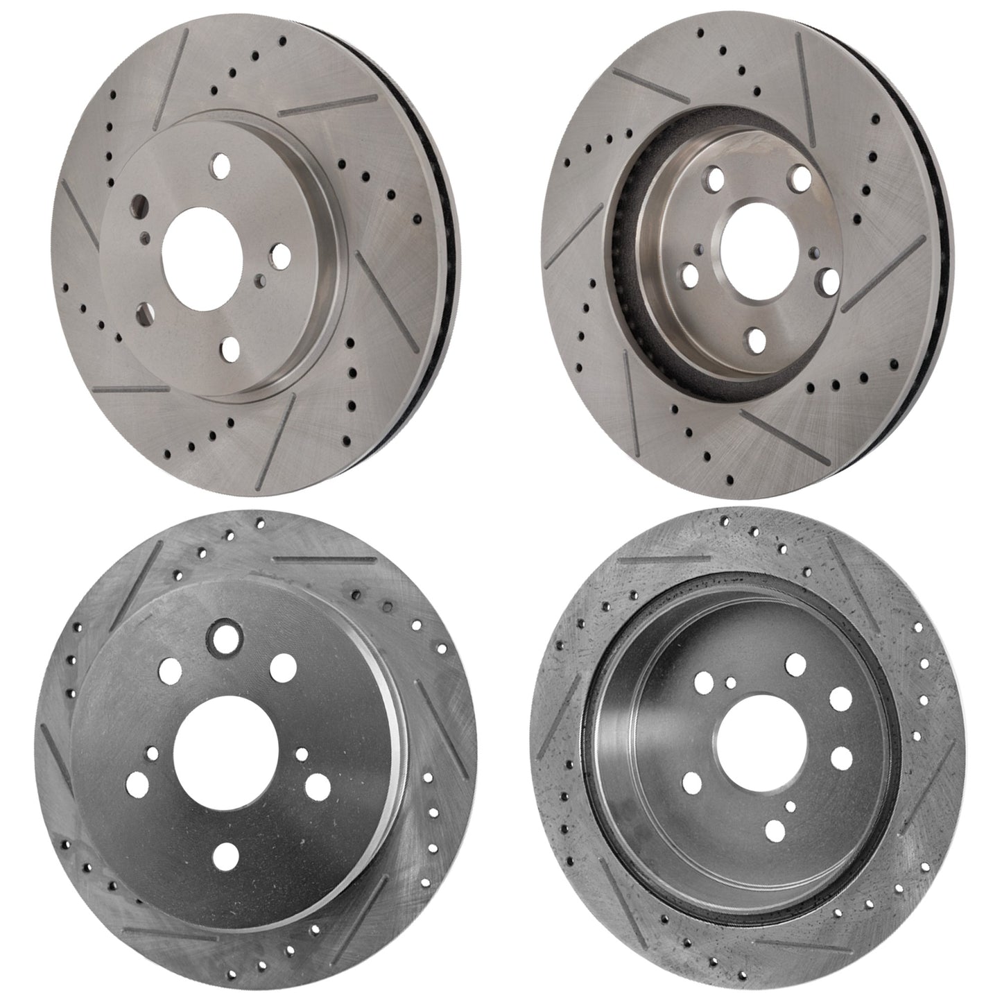 Front and Rear Brake Disc, 4-Wheel Set, Cross-drilled and Slotted, Vented - Front; Solid - Rear, 5 Lugs, Pro-Line Series