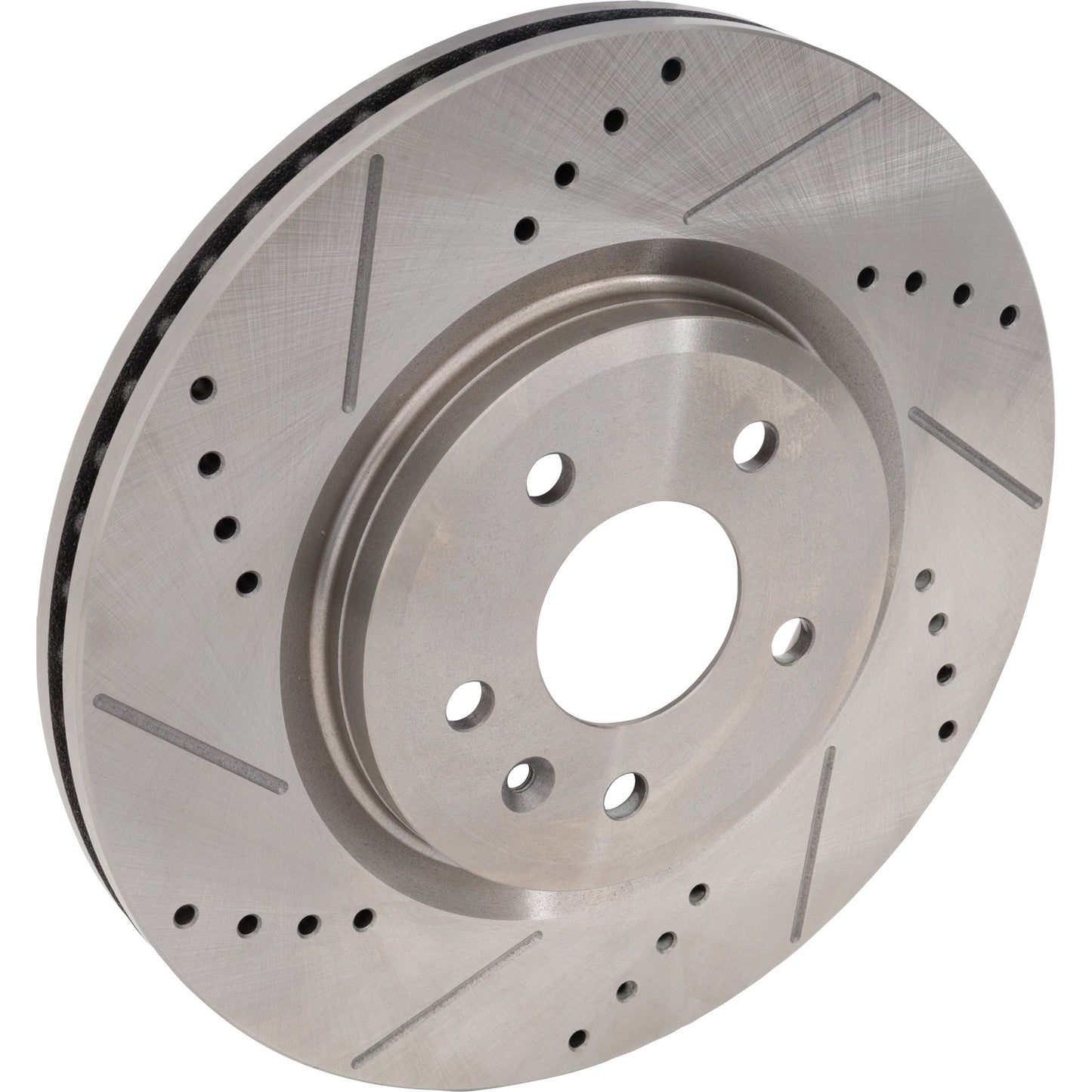 Front, Driver or Passenger Side Brake Disc, Cross-drilled and Slotted, Vented, 5 Lugs, Pro-Line Series