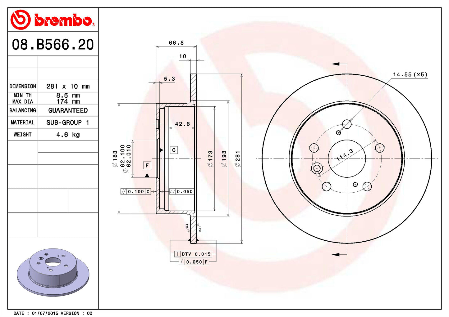 08.B566.21 Rear Brake Disc, Plain Surface, Solid, 5 Lugs, 281 mm, Premium UV Coated Series