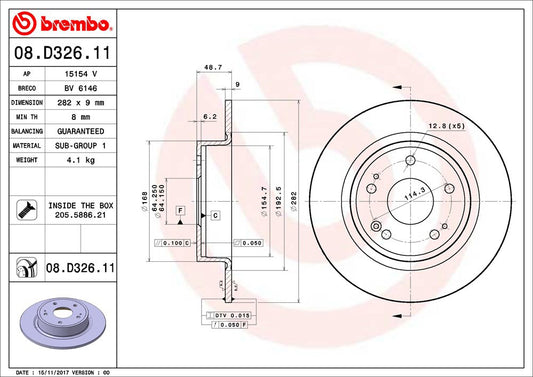 08.D326.11 Rear Brake Disc, Plain Surface, Solid, 5 Lugs, 282 mm, Premium UV Coated Series