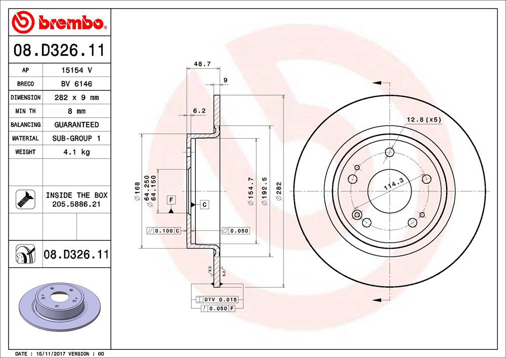 08.D326.11 Rear Brake Disc, Plain Surface, Solid, 5 Lugs, 282 mm, Premium UV Coated Series