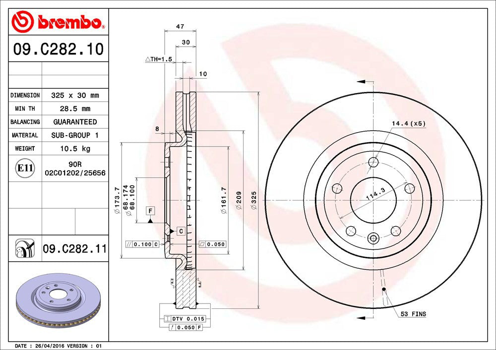 09.C282.11 Front Brake Disc, Plain Surface, Vented, 5 Lugs, 325 mm, Premium UV Coated Series