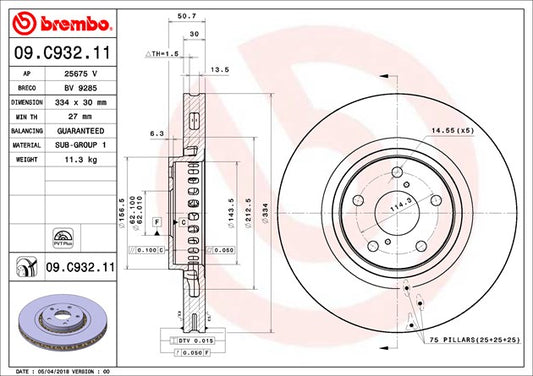 09.C932.11 Position Brake Disc, Plain Surface, Vented, 5 Lugs, 334 mm, Premium UV Coated Series