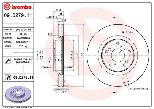 09.D279.11 Front Brake Disc, Plain Surface, Vented, 5 Lugs, 300 mm, 2.4L, 4Cyl, Premium UV Coated Series