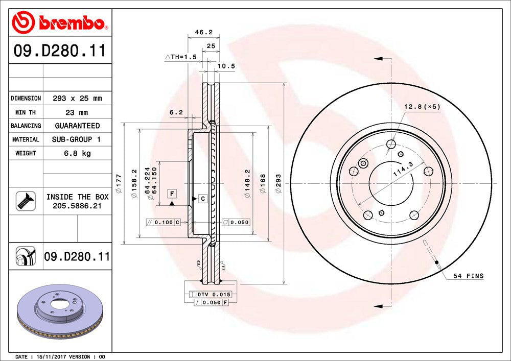 09.D280.11 Front, Driver or Passenger Side Brake Disc, Plain Surface, Vented, 5 Lugs, 293 mm, Premium UV Coated Series