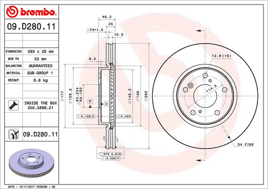 09.D280.11 Front, Driver or Passenger Side Brake Disc, Plain Surface, Vented, 5 Lugs, 293 mm, Premium UV Coated Series