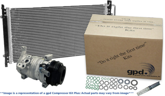 9614804B 4-Piece Kit A/C Compressor, With Clutch, 4-Groove Pulley, GPD OE Replacement, Includes (1) A/C Compressor, (1) A/C Expansion Valve, (1) A/C O-Ring and Gasket Seal Kit and (1) A/C Condenser