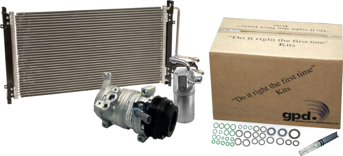 9621243B 4-Piece Kit A/C Compressor, With Clutch, 6-Groove Pulley, GPD OE Replacement, Includes (1) A/C Compressor, (1) A/C Expansion Valve, (1) A/C O-Ring and Gasket Seal Kit and (1) A/C Condenser