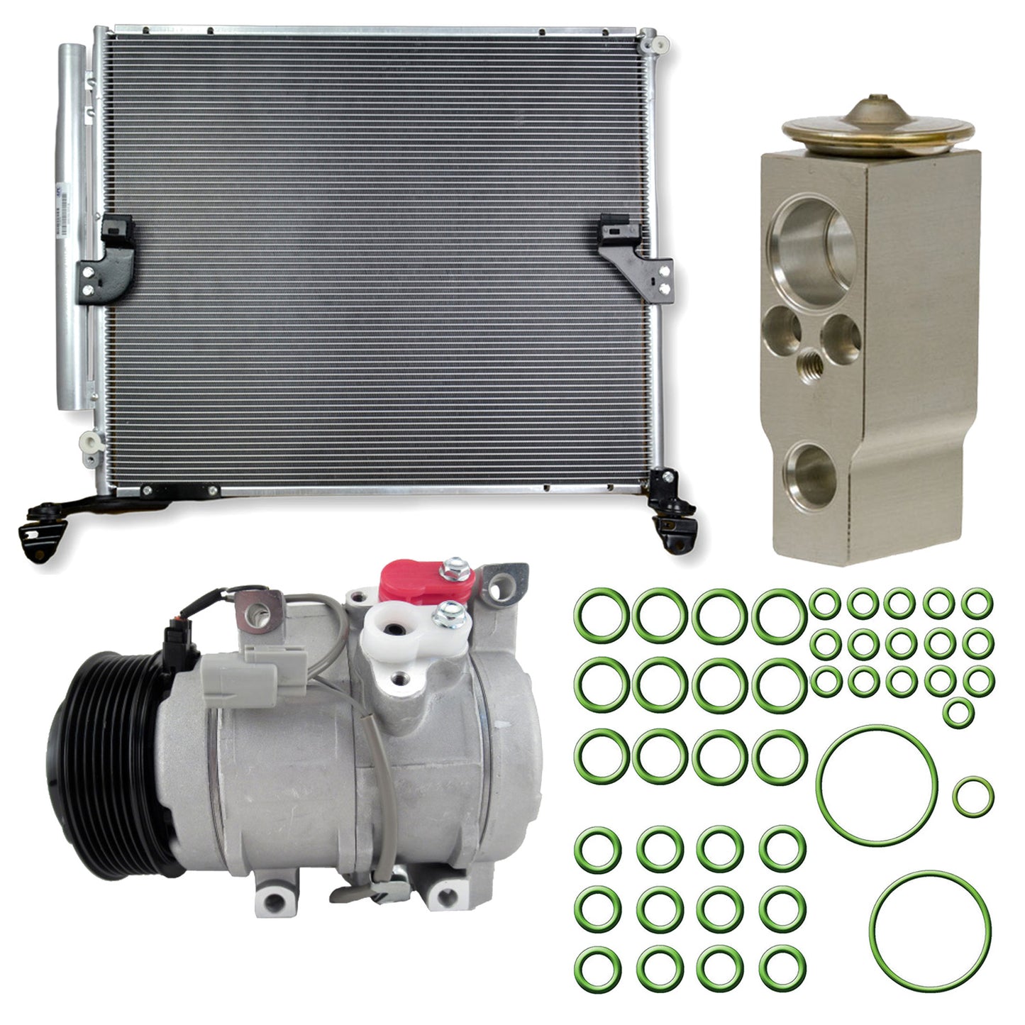 9641798A 4-Piece Kit A/C Compressor, With Clutch, 7-Groove Pulley, Includes (1) A/C Compressor, (1) A/C Expansion Valve, (1) A/C O-Ring and Gasket Seal Kit and (1) A/C Condenser