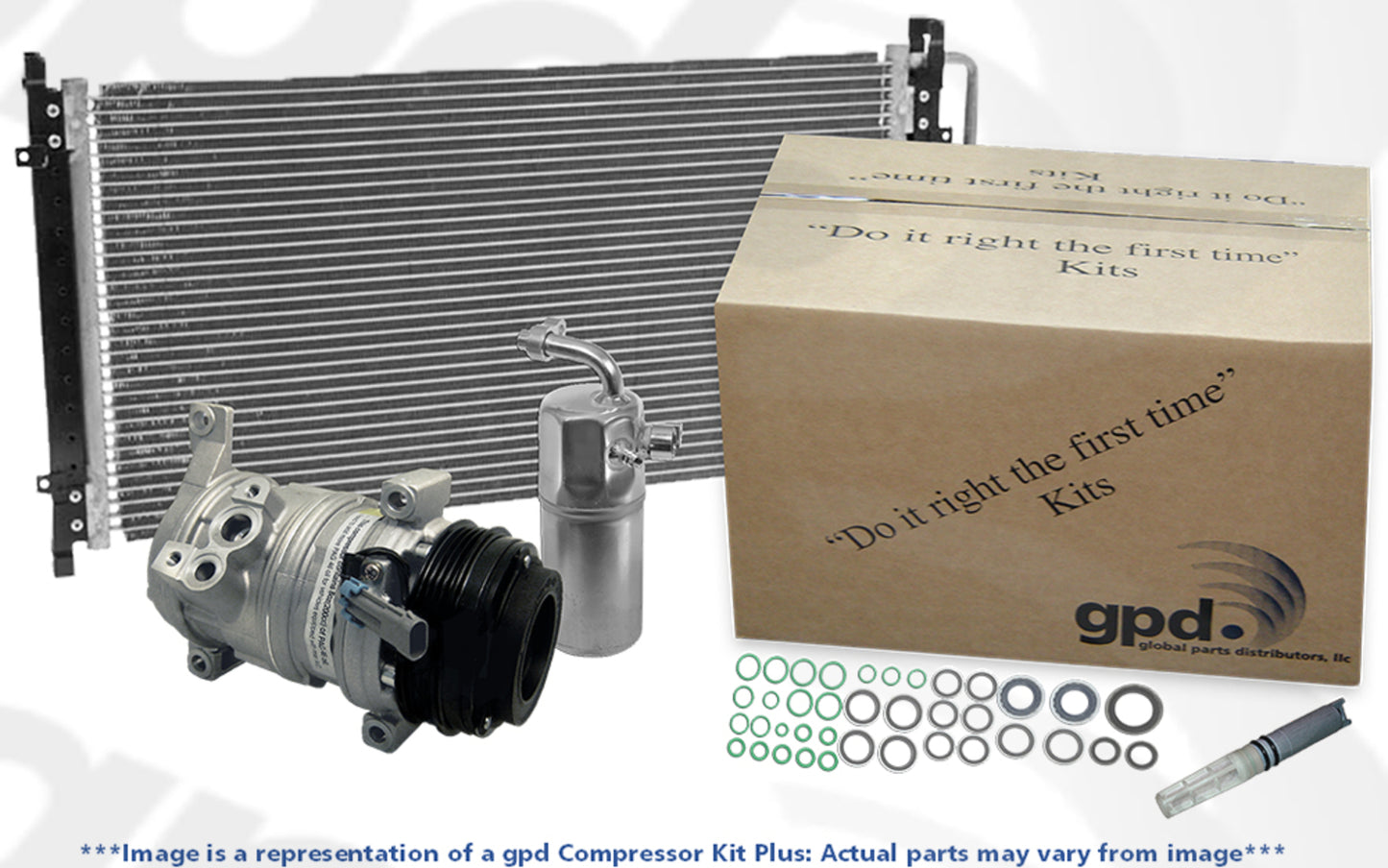 9712921B 5-Piece Kit A/C Compressor, With Clutch, 6-Groove Pulley, Includes (1) A/C Compressor, (1) A/C Accumulator, (1) A/C Orifice Tube, (1) A/C O-Ring and Gasket Seal Kit and (1) A/C Condenser