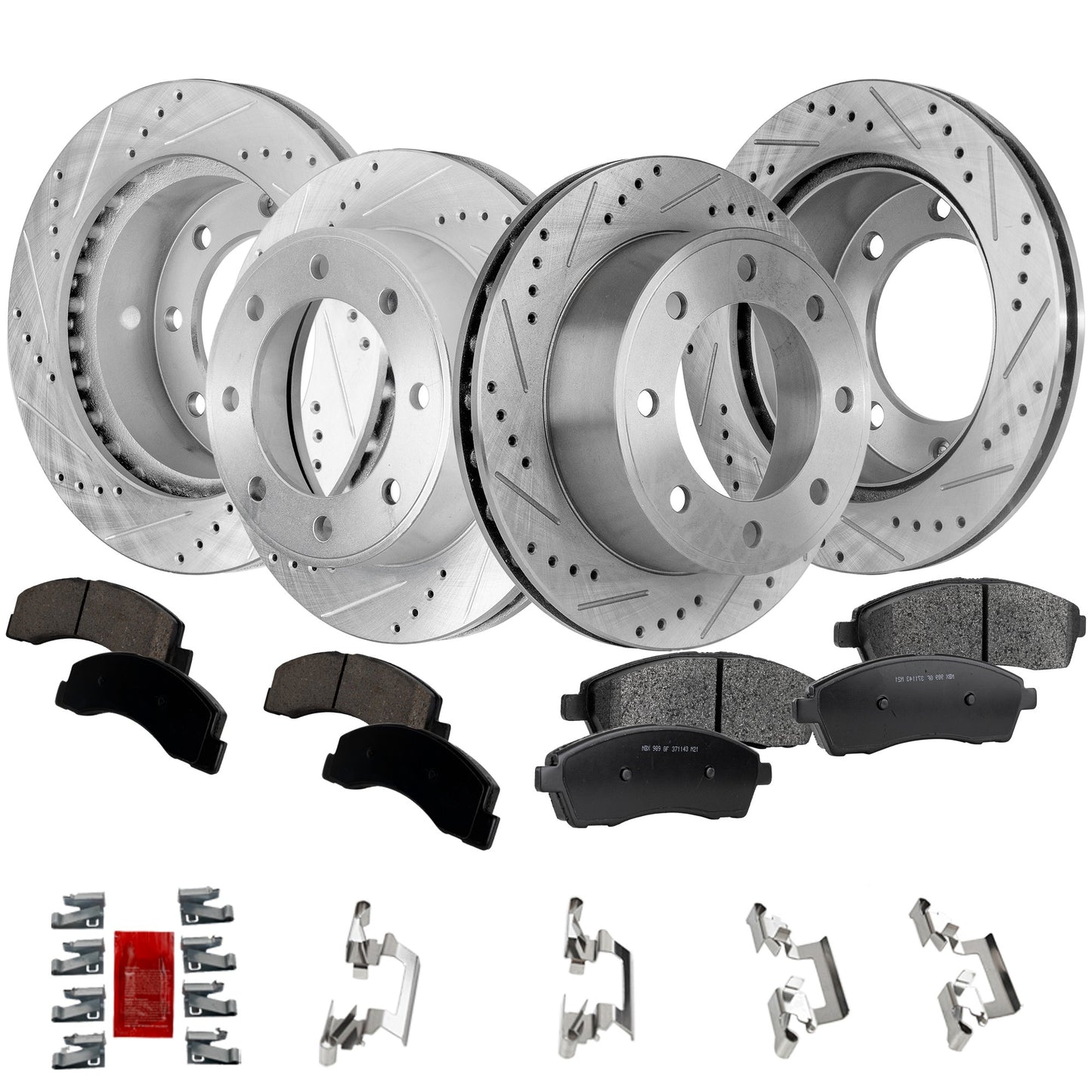 4-Wheel Set Front and Rear Brake Disc and Pad Kit, Cross-drilled and Slotted 8 Lugs Front-331 mm/Rear-326 mm Semi-metallic 4WD Pro-Line Series, Includes (4) Brake Disc and (2) Brake Pad Set