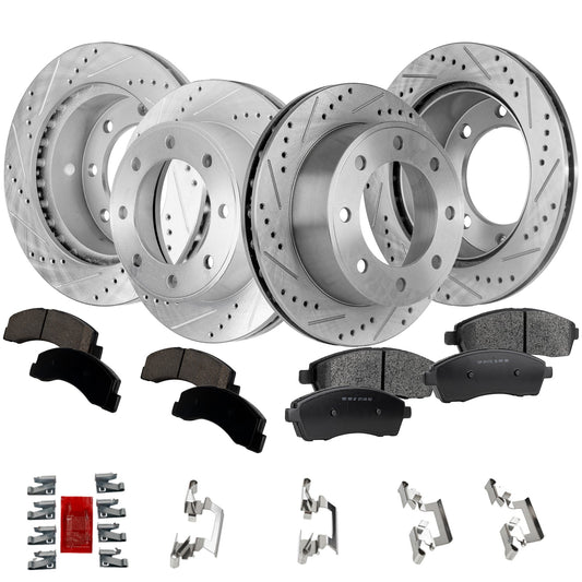 4-Wheel Set Front and Rear Brake Disc and Pad Kit, Cross-drilled and Slotted 8 Lugs Front-331 mm/Rear-326 mm Semi-metallic 4WD Pro-Line Series, Includes (4) Brake Disc and (2) Brake Pad Set