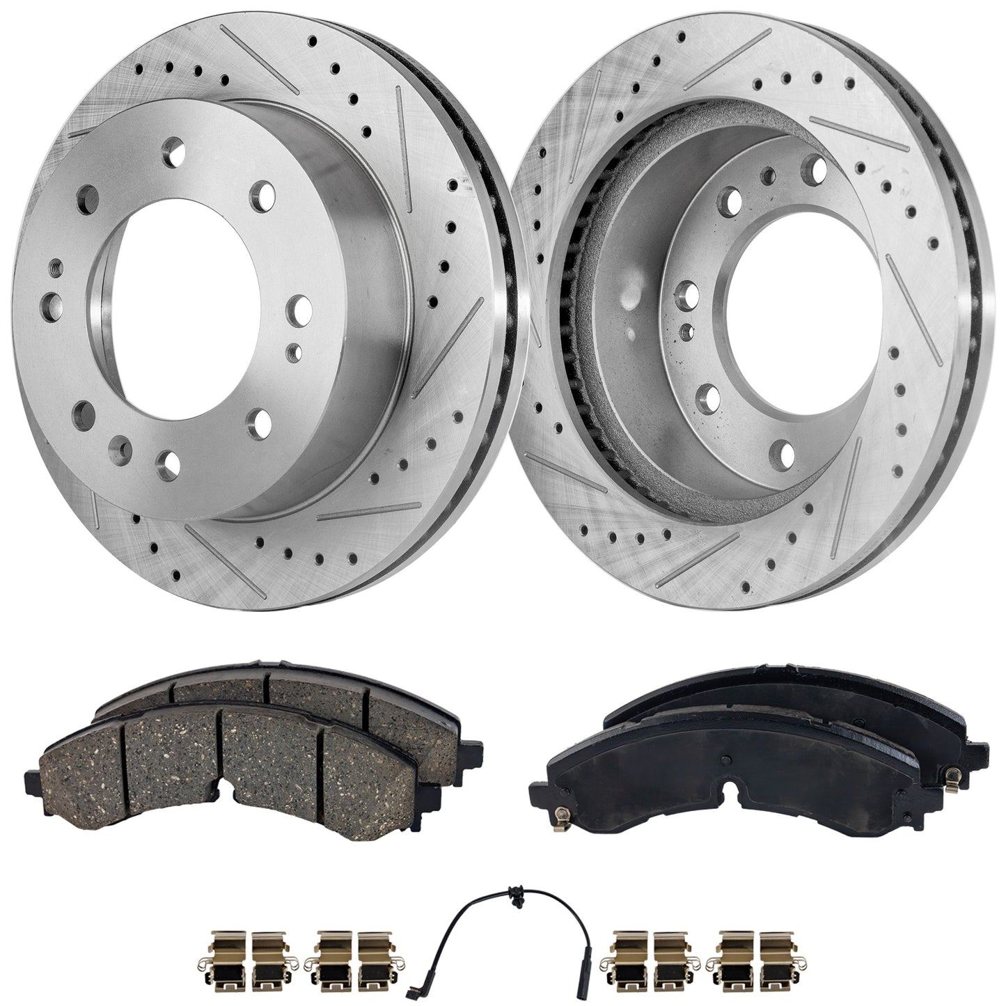 2-Wheel Set Front Brake Disc and Pad Kit, Cross-drilled and Slotted 8 Lugs 355 mm Ceramic Pro-Line Series, Includes (1) Brake Pad Set and (2) Brake Disc