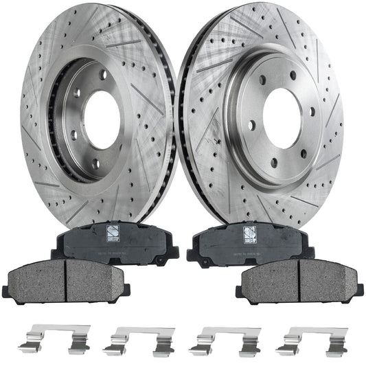 2-Wheel Set Front Brake Disc and Pad Kit, Cross-drilled and Slotted 6 Lugs 350.01 mm Ceramic Pro-Line Series, Includes (1) Brake Pad Set and (2) Brake Disc