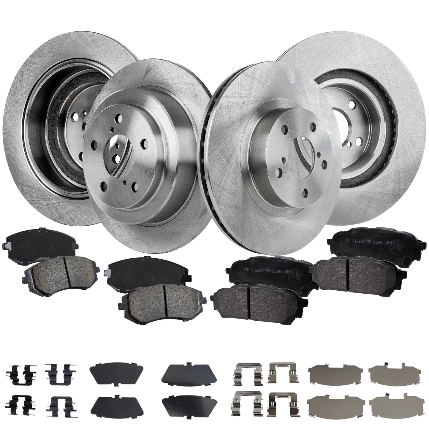 4-Wheel Set Front and Rear Brake Disc and Pad Kit, Plain Surface 5 Lugs Front-276.86 mm/Rear-265.43 mm Front-Ceramic/Rear-Organic Pro-Line Series, Includes (2) Brake Pad Set and (4) Brake Disc