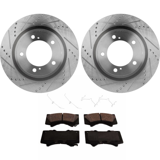 2-Wheel Set Front Brake Disc and Pad Kit, Cross-drilled and Slotted 5 Lugs 354.08 mm Ceramic Pro-Line Series, Includes (1) Brake Pad Set and (2) Brake Disc