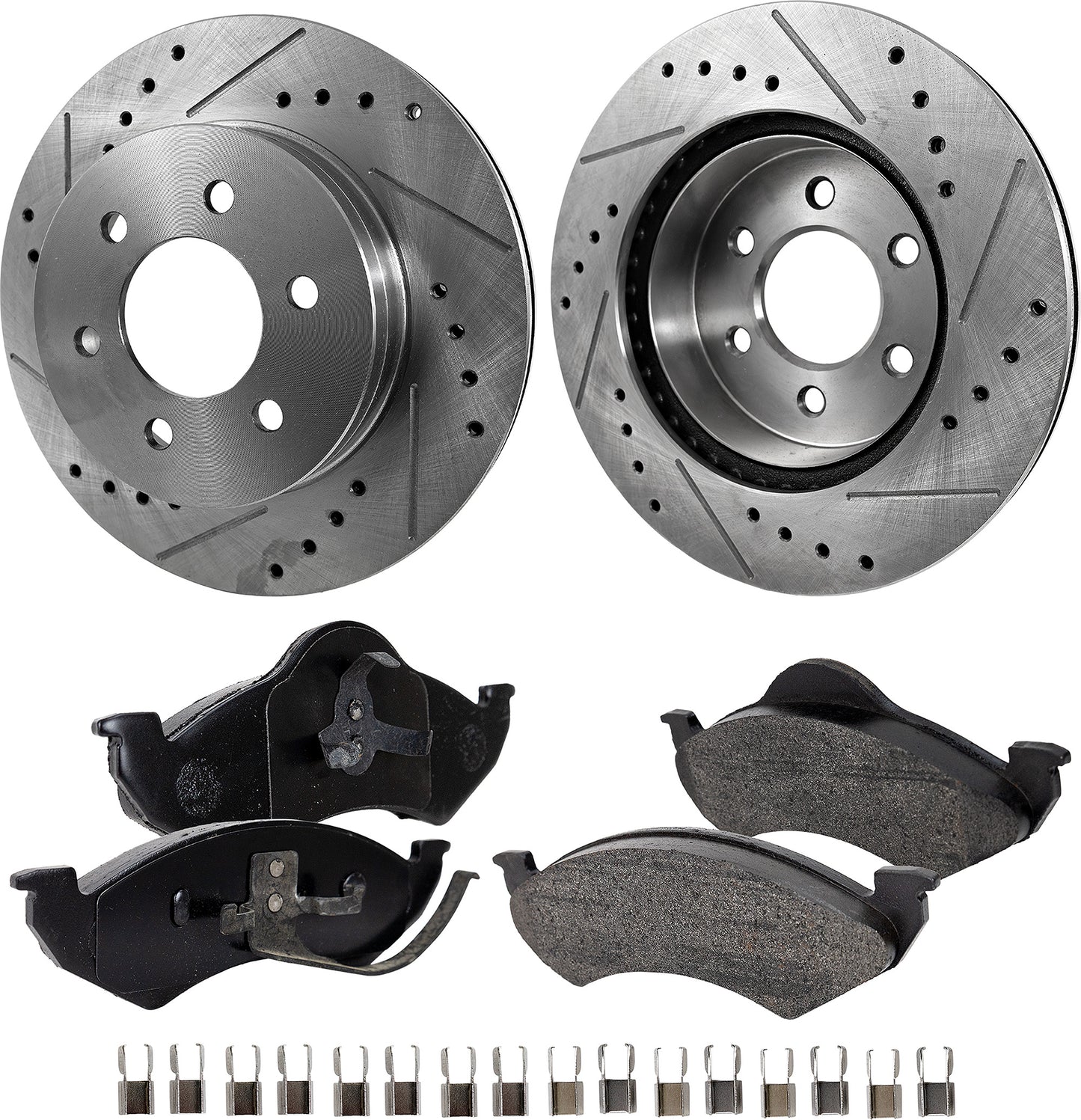 2-Wheel Set Front Brake Disc and Pad Kit, Cross-drilled and Slotted 287 mm Semi-metallic Pro-Line Series, Includes (1) Brake Pad Set and (2) Brake Disc