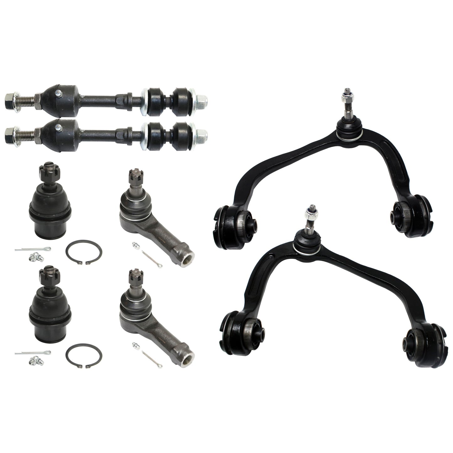 8-Piece Kit Front, Driver and Passenger Side, Upper Control Arm Kit, Includes (2) Control Arm, (2) Ball Joint, (2) Tie Rod End and (2) Sway Bar Link