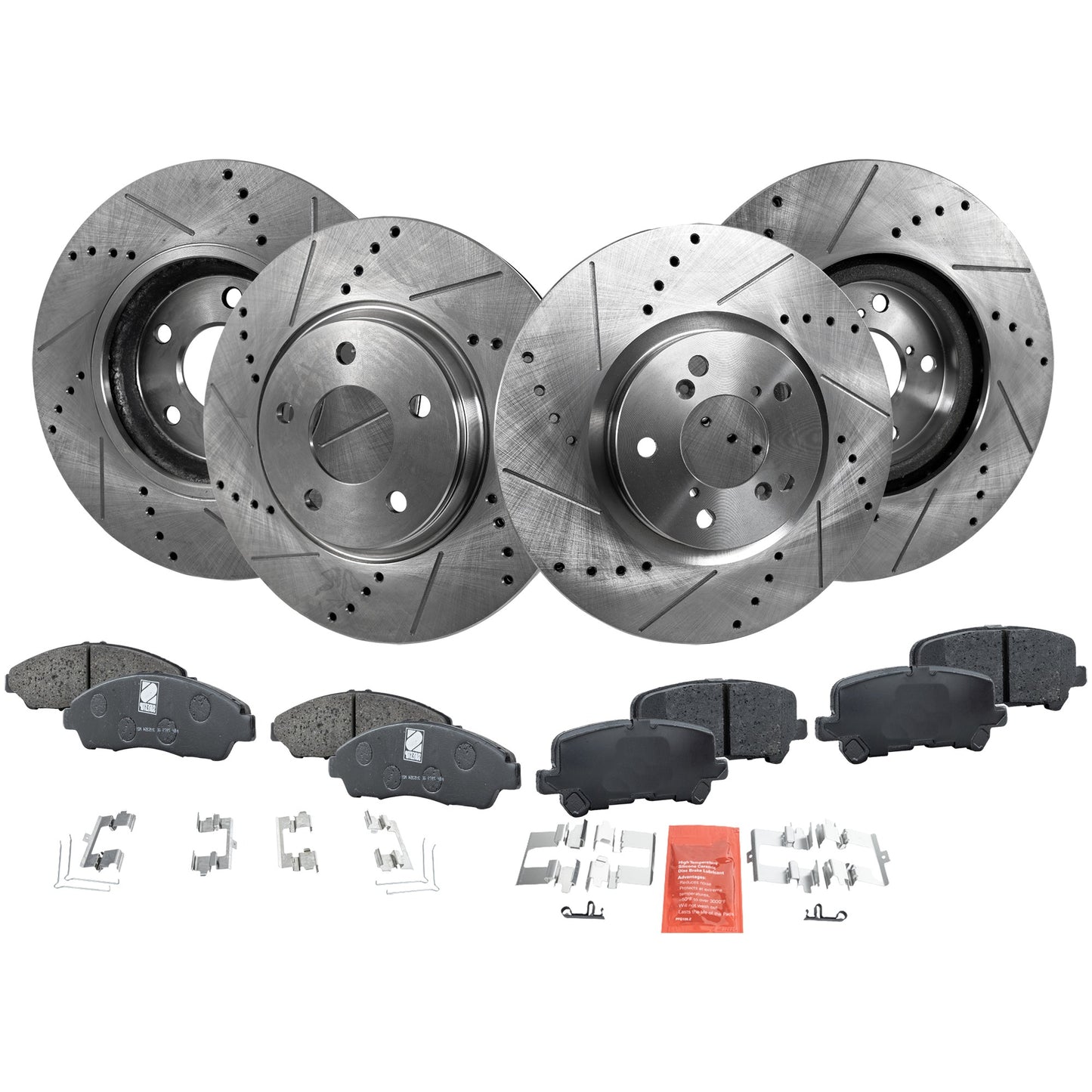 4-Wheel Set Front and Rear Brake Disc and Pad Kit, Cross-drilled and Slotted, 5 Lugs, Ceramic, Pro-Line Series
