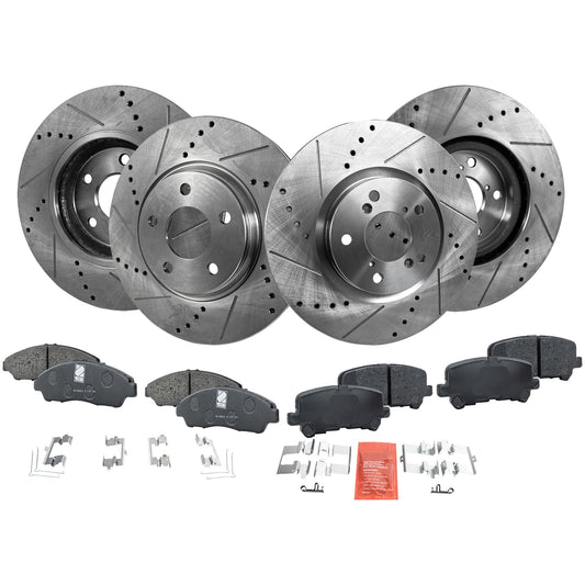 4-Wheel Set Front and Rear Brake Disc and Pad Kit, Cross-drilled and Slotted, 5 Lugs, Ceramic, Pro-Line Series