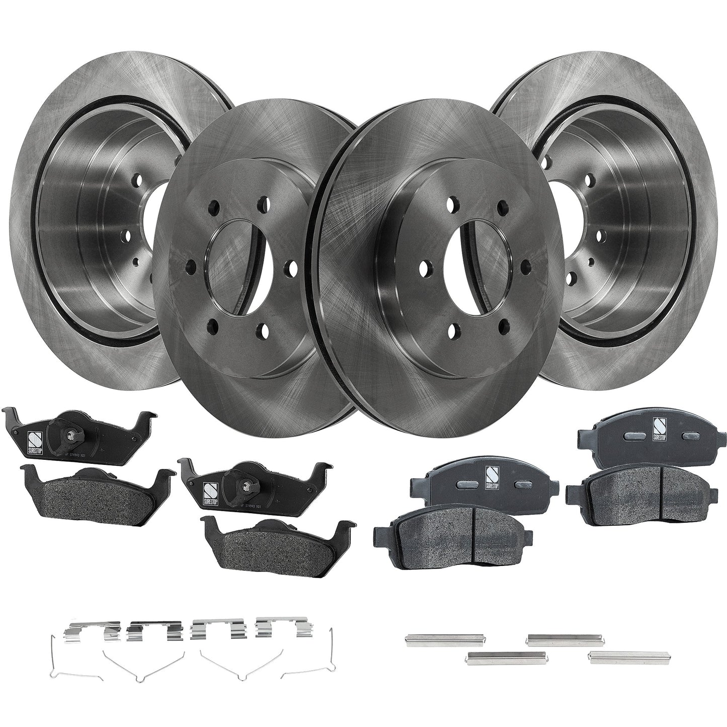 4-Wheel Set Front and Rear Brake Disc and Pad Kit, Plain Surface 6 Lugs Front-329.95 mm/Rear-347.98 mm Front-Ceramic/Rear-Semi-Metallic Pro-Line Series, Includes (2) Brake Pad Set and (4) Brake Disc
