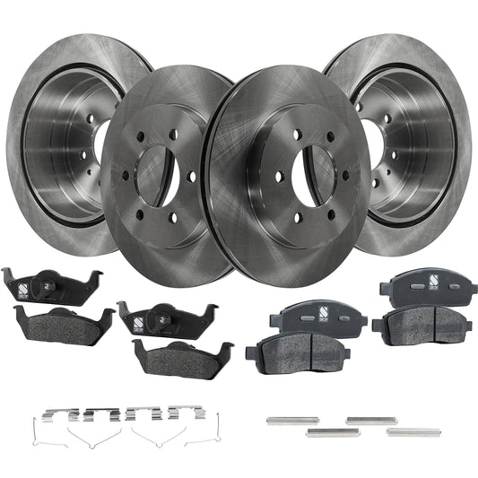 4-Wheel Set Front and Rear Brake Disc and Pad Kit, Plain Surface 6 Lugs Front-329.95 mm/Rear-347.98 mm Front-Ceramic/Rear-Semi-Metallic Pro-Line Series, Includes (2) Brake Pad Set and (4) Brake Disc