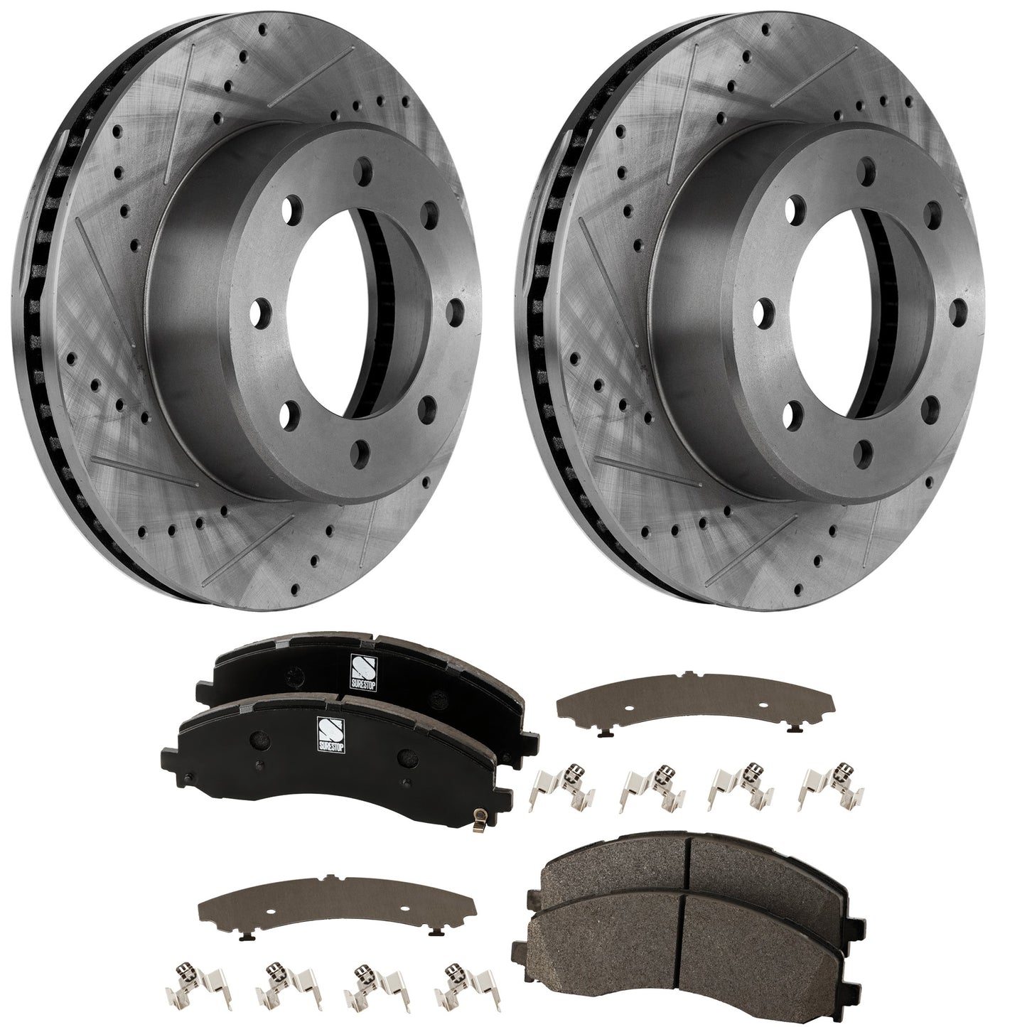 Комплект из 2 передних тормозных дисков и колодок, перфорированных и прорезанных, 8 болтов, 360 мм, полуметаллический, включает в себя (2) тормозных диска и (1) комплект тормозных колодок