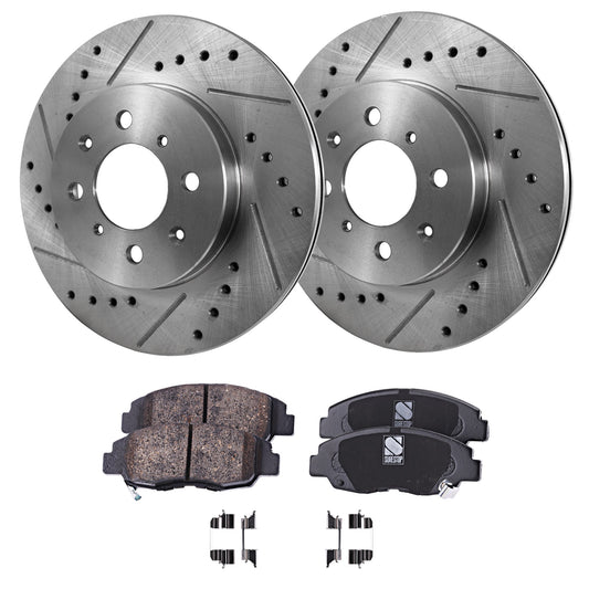 2-Wheel Set Front Brake Disc and Pad Kit, Cross-drilled and Slotted 4 Lugs 261.87 mm Ceramic Pro-Line Series, Includes (2) Brake Disc and (1) Brake Pad Set