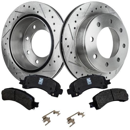 2-Wheel Set Rear Brake Disc and Pad Kit, Cross-drilled and Slotted 8 Lugs 329.95 mm Ceramic Pro-Line Series, Includes (1) Brake Pad Set and (2) Brake Disc