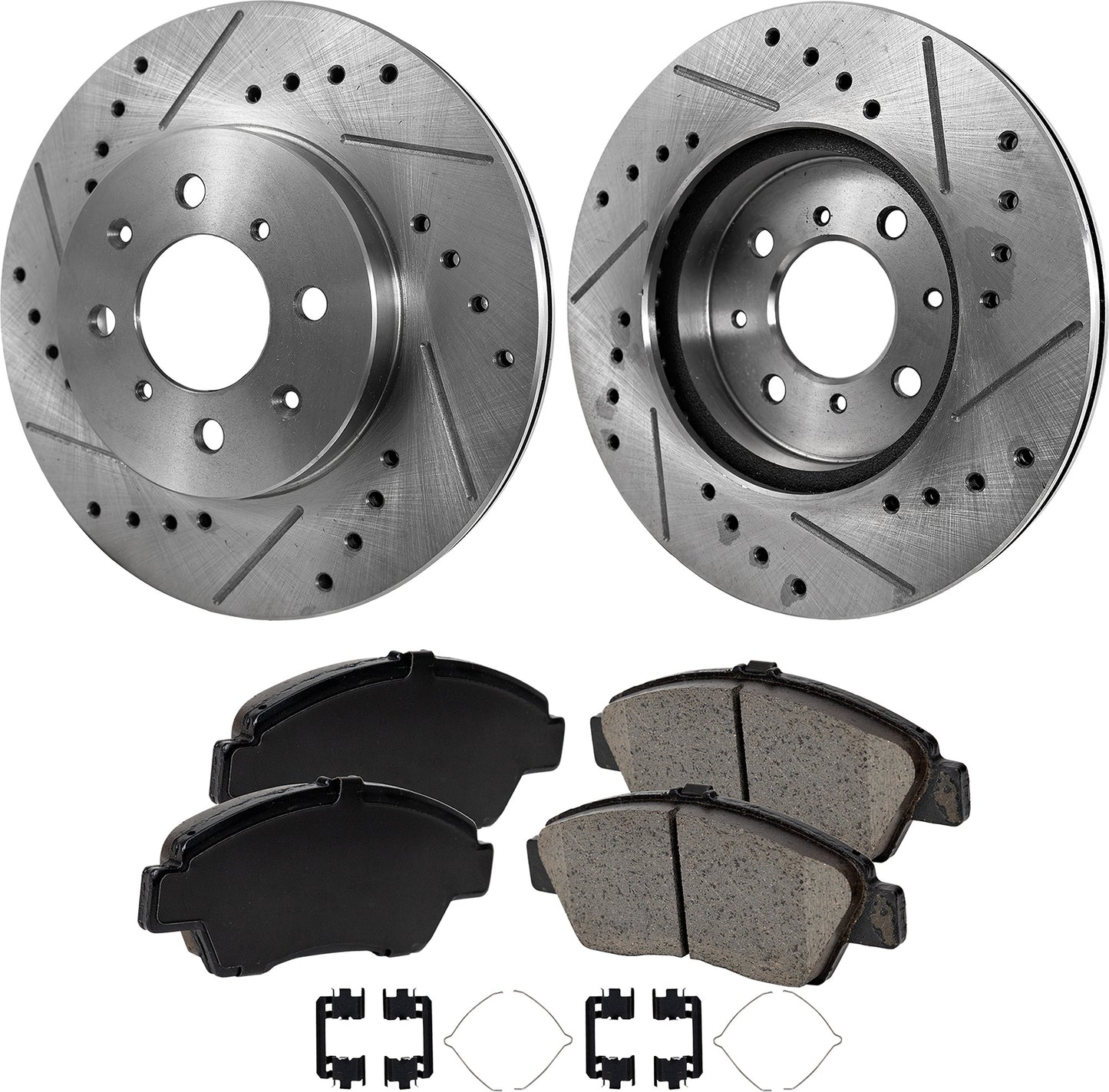 2-Wheel Set Front Brake Disc and Pad Kit, Cross-drilled and Slotted 4 Lugs 261.87 mm Ceramic Pro-Line Series, Includes (2) Brake Disc and (1) Brake Pad Set