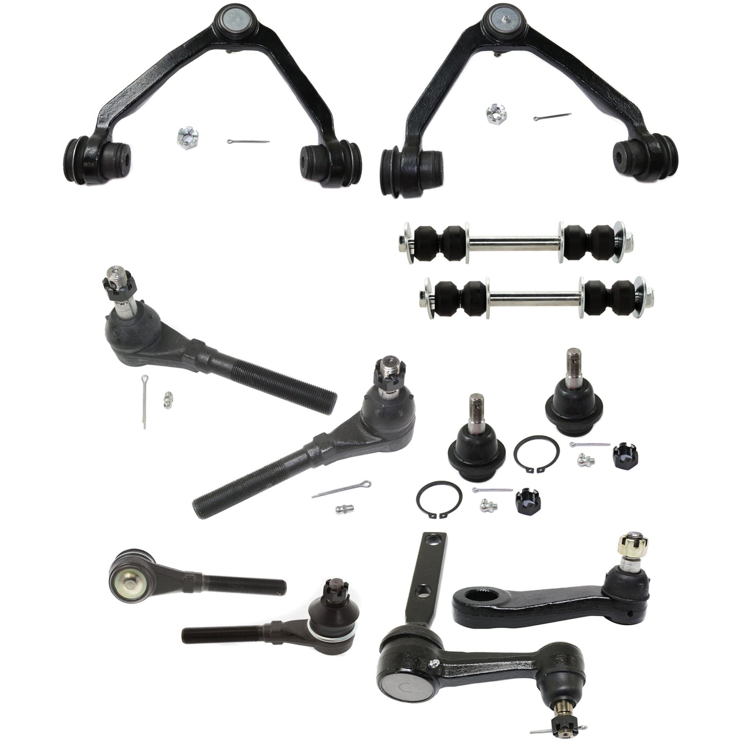 12-Piece Kit Front, Driver and Passenger Side, Upper Control Arms, Includes (2) Ball Joint, (2) Control Arm, (1) Idler Arm, (1) Pitman Arm, (2) Sway Bar Link, and (4) Tie Rod End