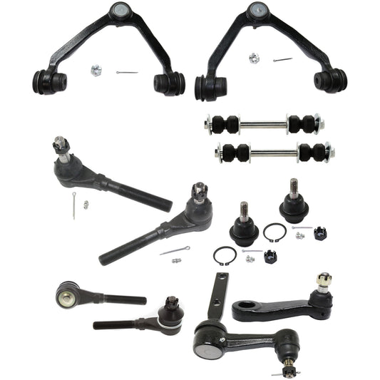 12-Piece Kit Front, Driver and Passenger Side, Upper Control Arms, Includes (2) Ball Joint, (2) Control Arm, (1) Idler Arm, (1) Pitman Arm, (2) Sway Bar Link, and (4) Tie Rod End