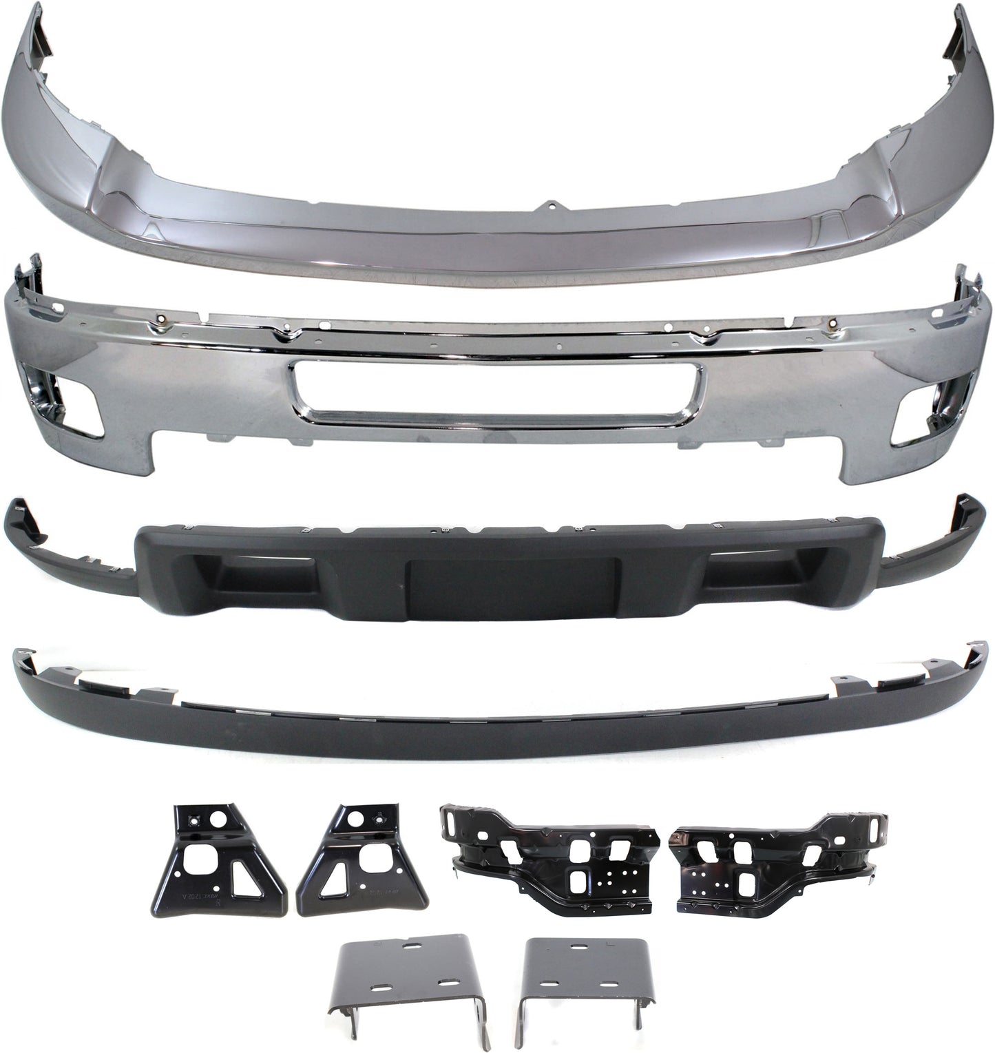 10-Piece Kit, Front Bumper, Chrome, Includes (1) Bumper, (6) Bumper Bracket, (1) Bumper Trim, and (2) Valance