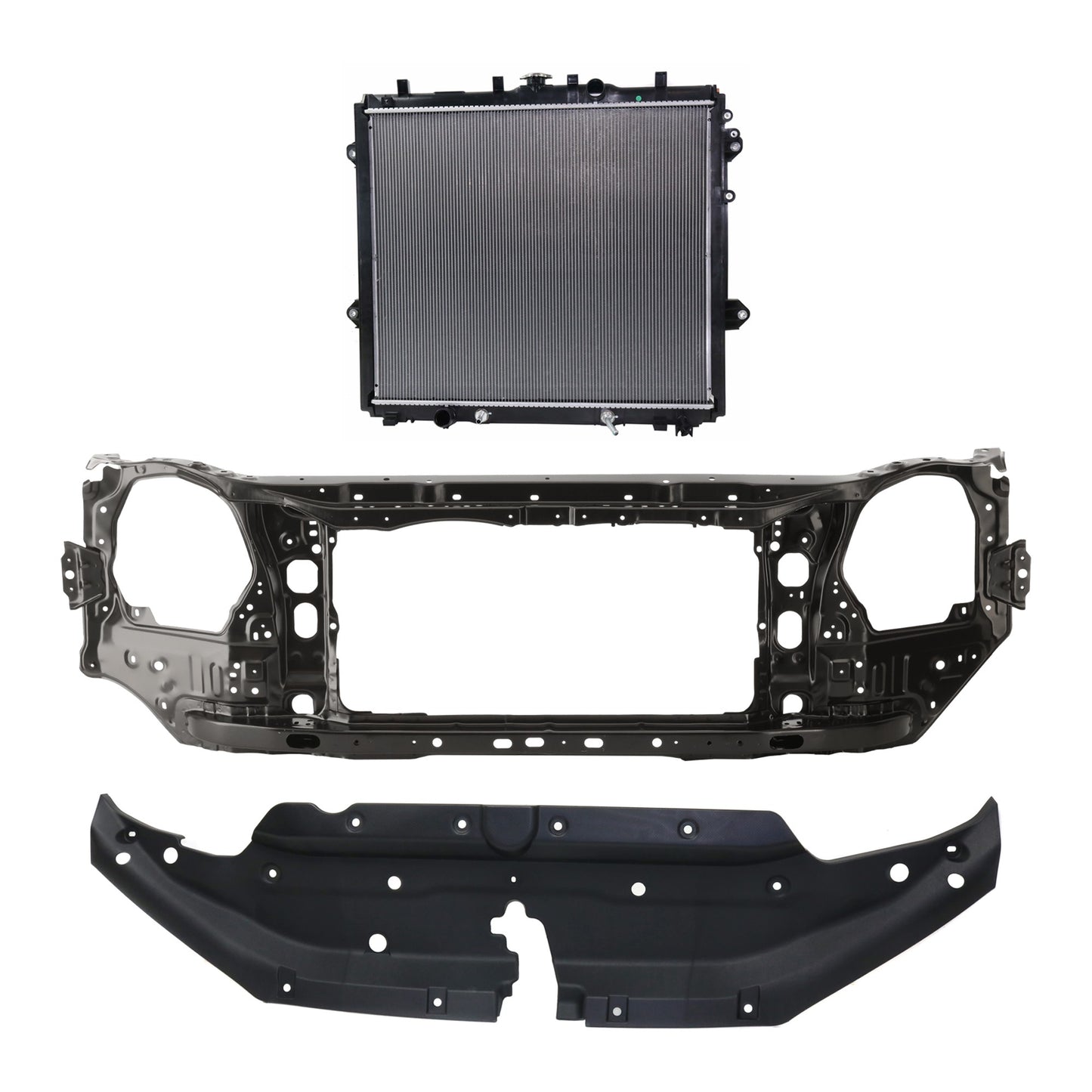 3-Piece Kit Radiator, 6 Cyl 4.0L, includes (1) Radiator, (1) Radiator Support, and (1) Radiator Support Cover