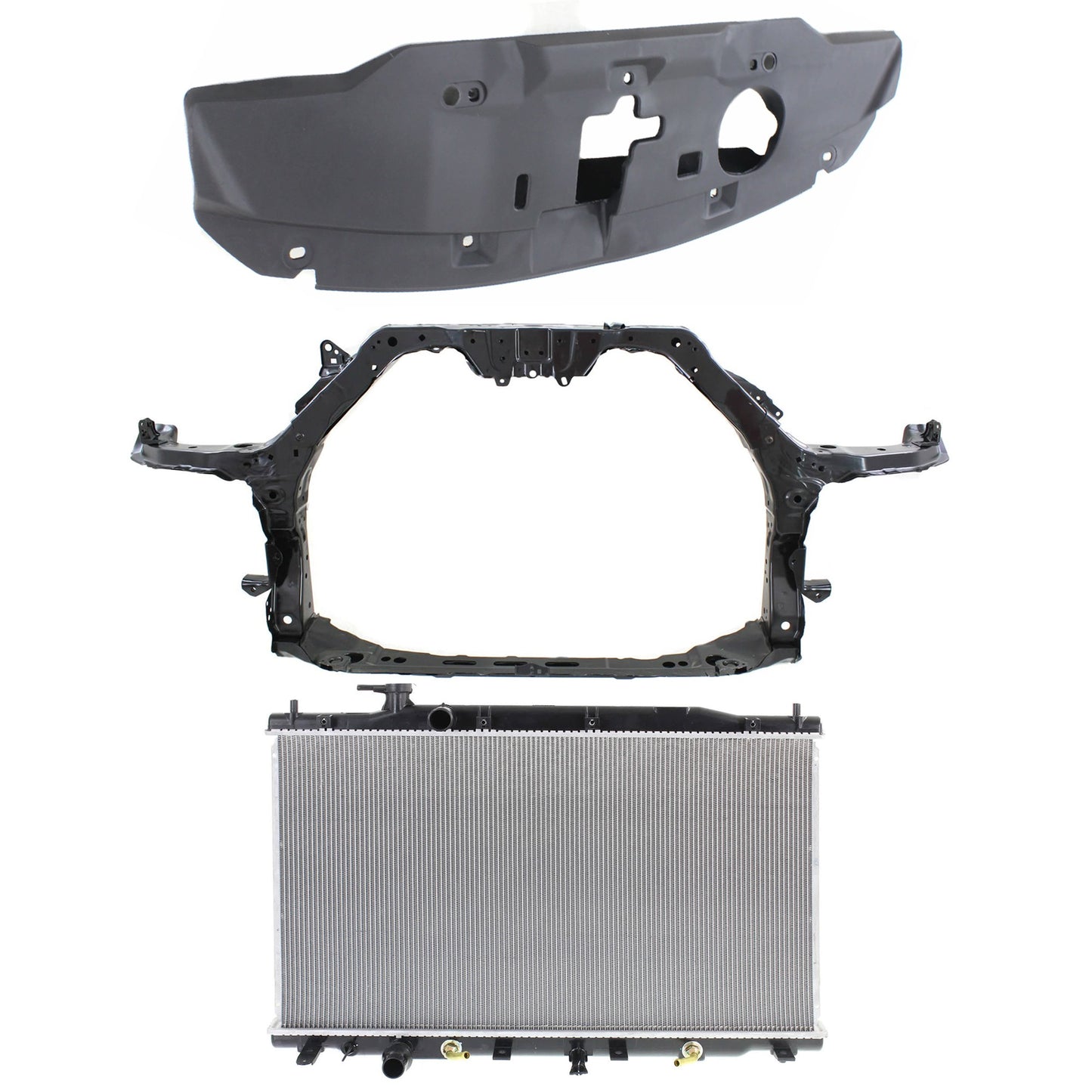 3-Piece Kit Radiator, 4 Cyl 2.4L, includes (1) Radiator, (1) Radiator Support, and (1) Radiator Support Cover