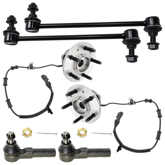 2-Wheel Set Front, Driver and Passenger Side Wheel Hub, 5 Lugs, With Bearing, With Sensor, Includes (2) Wheel Hub, (2) Tie Rod End and (2) Sway Bar Link