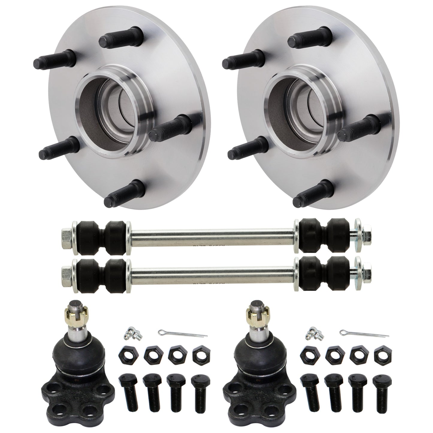 2-Wheel Set Front, Driver and Passenger Side Wheel Hub, 5 Lugs, With Bearing, RWD, Includes (2) Wheel Hub, (2) Ball Joint and (2) Sway Bar Link