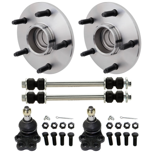 2-Wheel Set Front, Driver and Passenger Side Wheel Hub, 5 Lugs, With Bearing, RWD, Includes (2) Wheel Hub, (2) Ball Joint and (2) Sway Bar Link