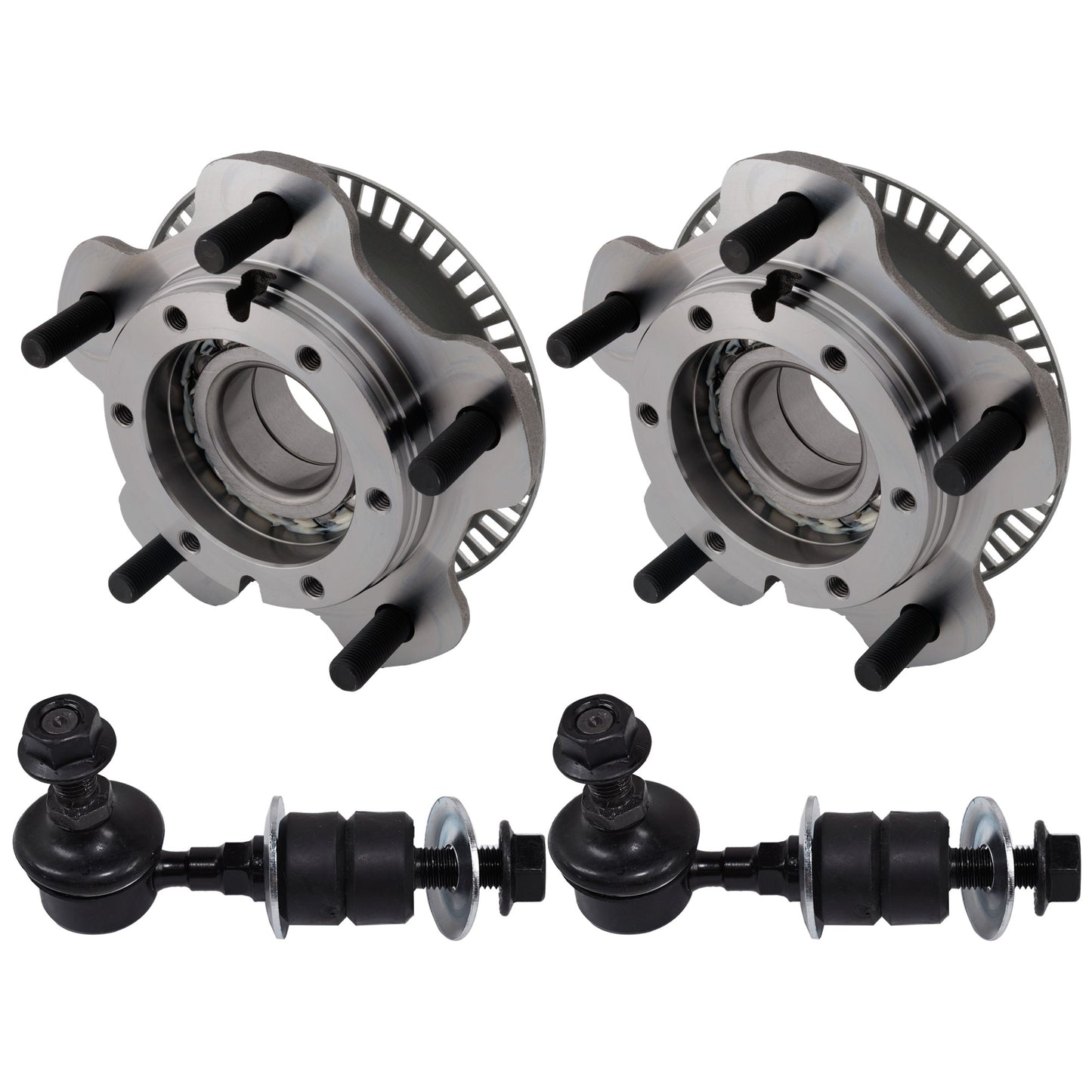 2-Wheel Set Front, Driver and Passenger Side Wheel Hub, Includes (2) Sway Bar Link and (2) Wheel Hub