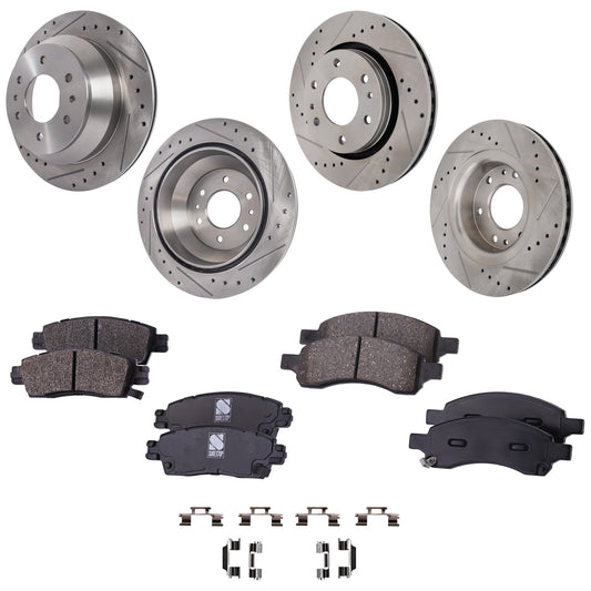 4-Wheel Set Front and Rear Brake Disc and Pad Kit, Cross-drilled and Slotted 6 Lugs Front-301.8 mm/Rear-325.12 mm Front-Ceramic/Rear-Semi-Metallic Pro-Line Series, Includes (2) Pad Set and (4) Disc