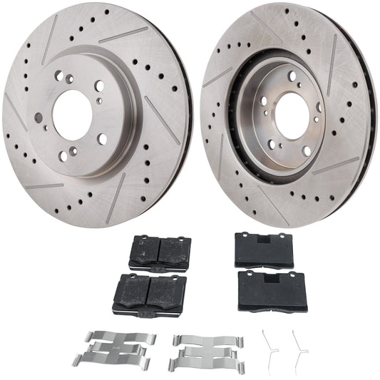 2-Wheel Set Front Brake Disc and Pad Kit, Cross-drilled and Slotted 5 Lugs 319.6 mm Organic Pro-Line Series, Includes (2) Brake Disc and (1) Brake Pad Set