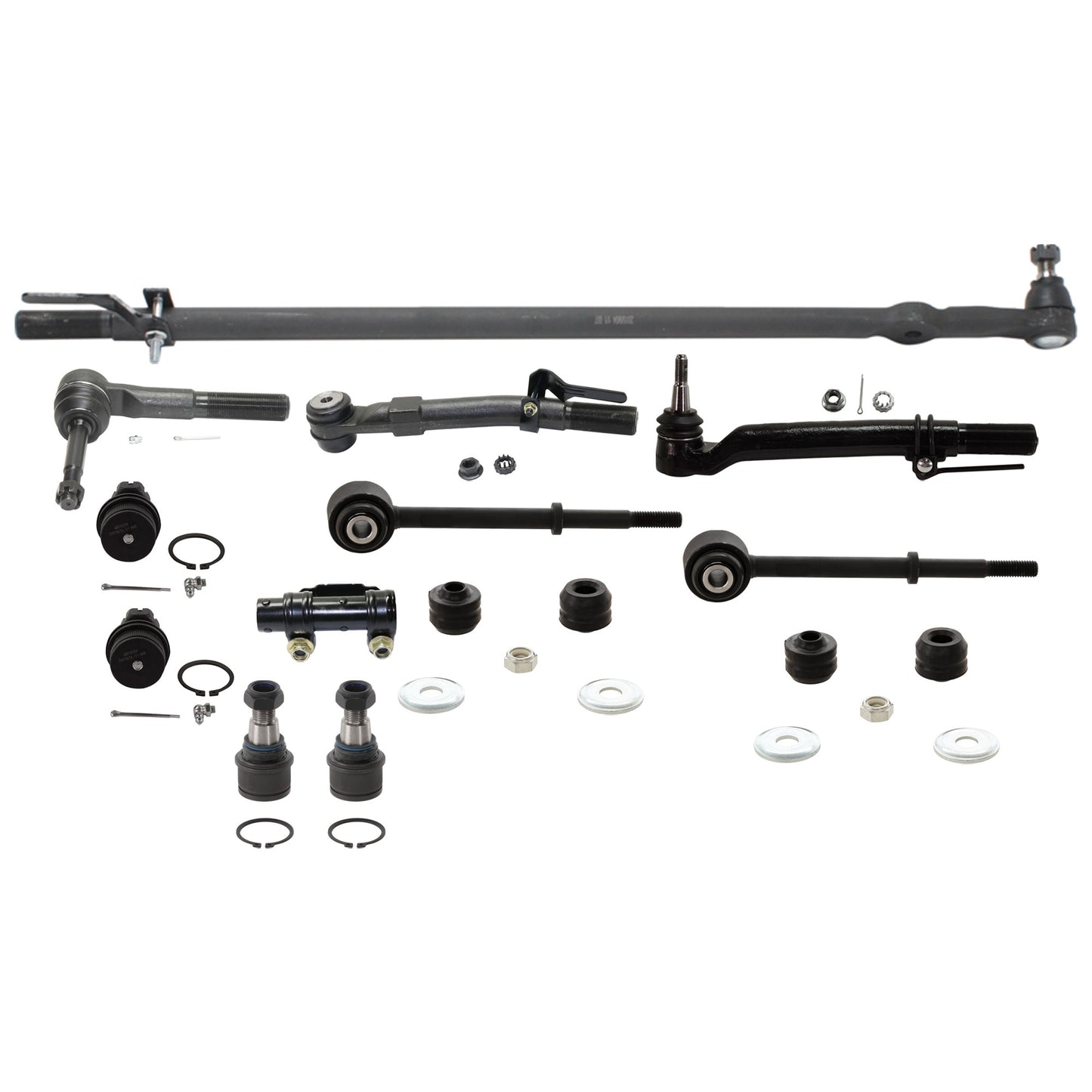 11-Piece Kit At Pitman Arm Drag Link, Includes (4) Ball Joint, (1) Drag Link, (2) Sway Bar Link, (1) Tie Rod Adjusting Sleeve, and (3) Tie Rod End