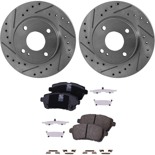 Комплект из 2 передних тормозных дисков и колодок, перфорированных и с насечками 258,06 мм, включает в себя (2) тормозных диска и (1) комплект тормозных колодок