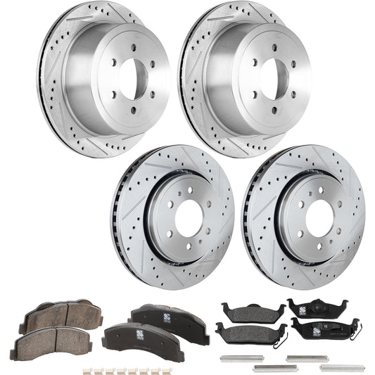 Комплект тормозных дисков и колодок для 4 колес: передние и задние, перфорированные и с насечками (передние - 350,01 мм/задние - 347,98 мм), включает в себя (4) тормозных диска и (2) тормозных колодок